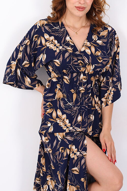 Önü Yırtmaçlı Kruvaze Yaka Yaprak Desen Lacivert Kadın Elbise - Berox (1)