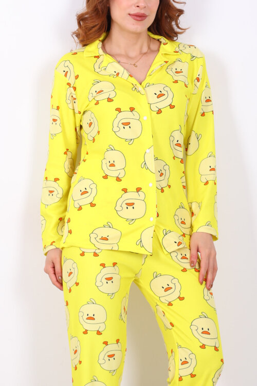 Ördek Desenli Sarı Kadın Yumoş Pijama Takım - Berox (1)