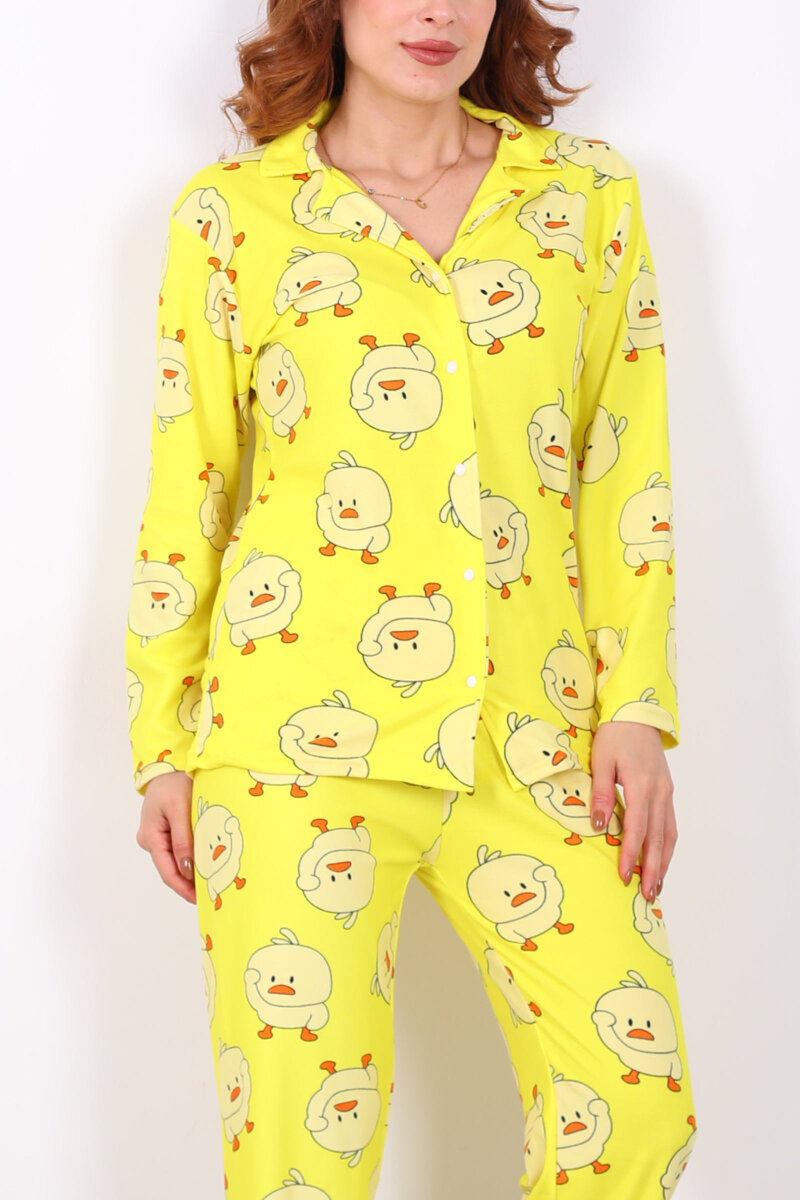 Ördek Desenli Sarı Kadın Yumoş Pijama Takım - 2
