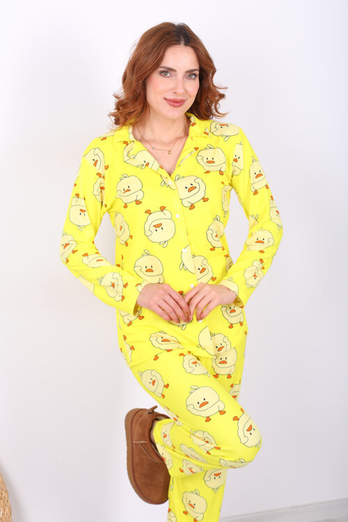 Ördek Desenli Sarı Kadın Yumoş Pijama Takım - 5