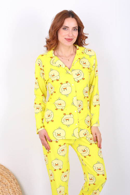 Ördek Desenli Sarı Kadın Yumoş Pijama Takım - 7