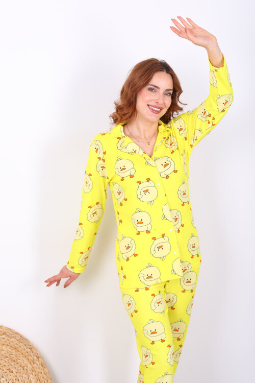 Ördek Desenli Sarı Kadın Yumoş Pijama Takım - 3