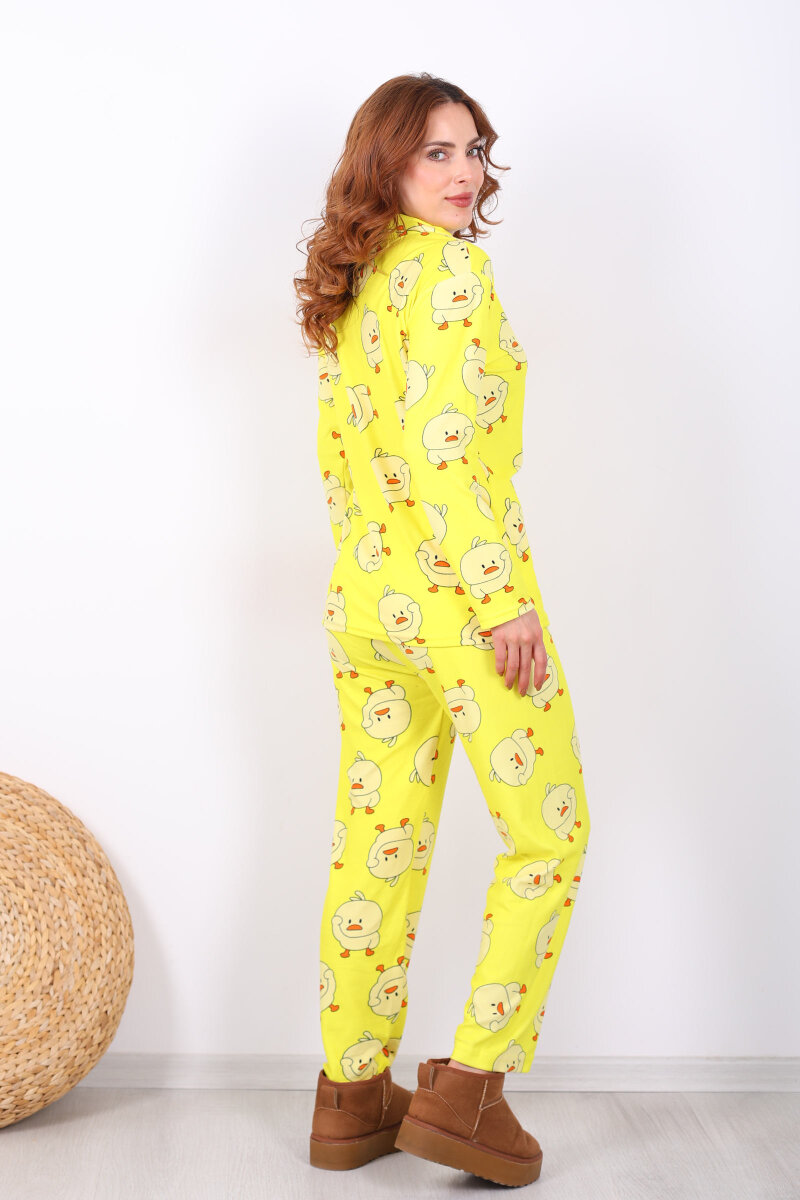Ördek Desenli Sarı Kadın Yumoş Pijama Takım - 6