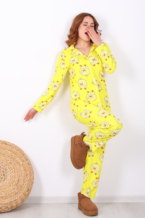 Ördek Desenli Sarı Kadın Yumoş Pijama Takım 
