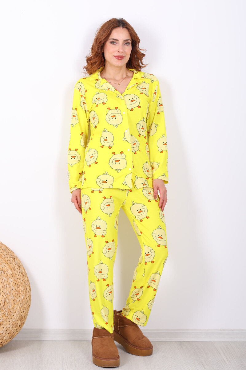Ördek Desenli Sarı Kadın Yumoş Pijama Takım - 4