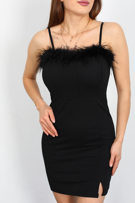Otriş Tüylü Kadın Siyah Scuba Elbise - 2