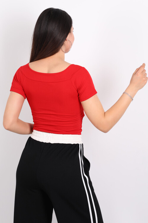 Ottoman Kayık Yaka Kırmızı Kadın Crop - 2
