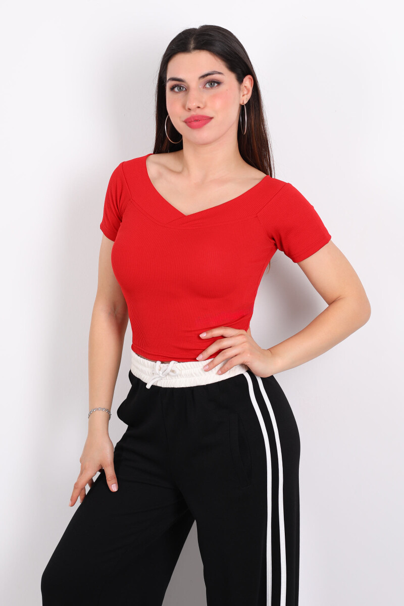 Ottoman Kayık Yaka Kırmızı Kadın Crop - 4