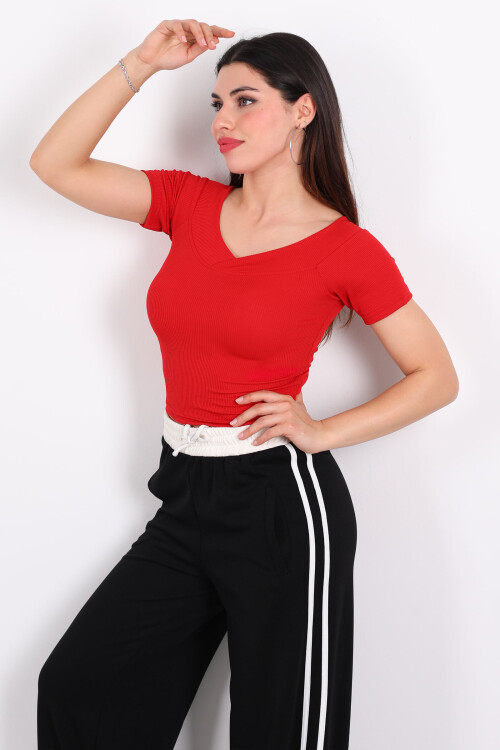 Ottoman Kayık Yaka Kırmızı Kadın Crop - 3