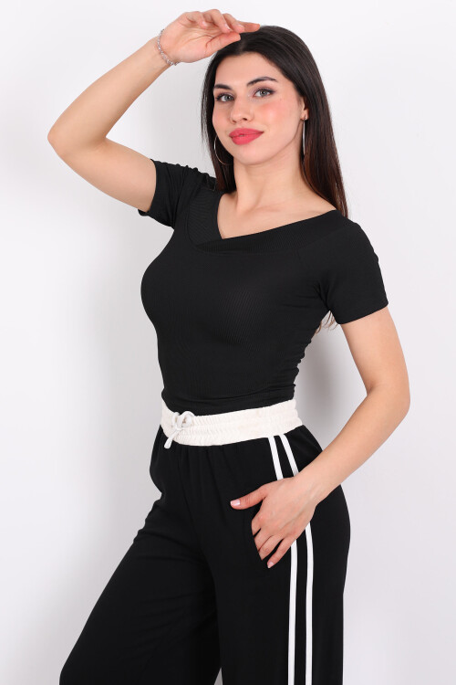 Ottoman Kayık Yaka Siyah Kadın Crop - 3