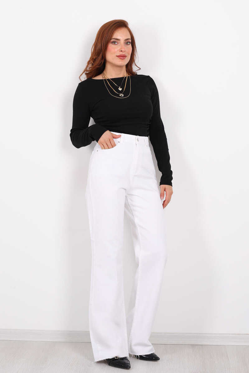 Paça Kesik Beyaz Kadın Palazzo Pantolon - 3