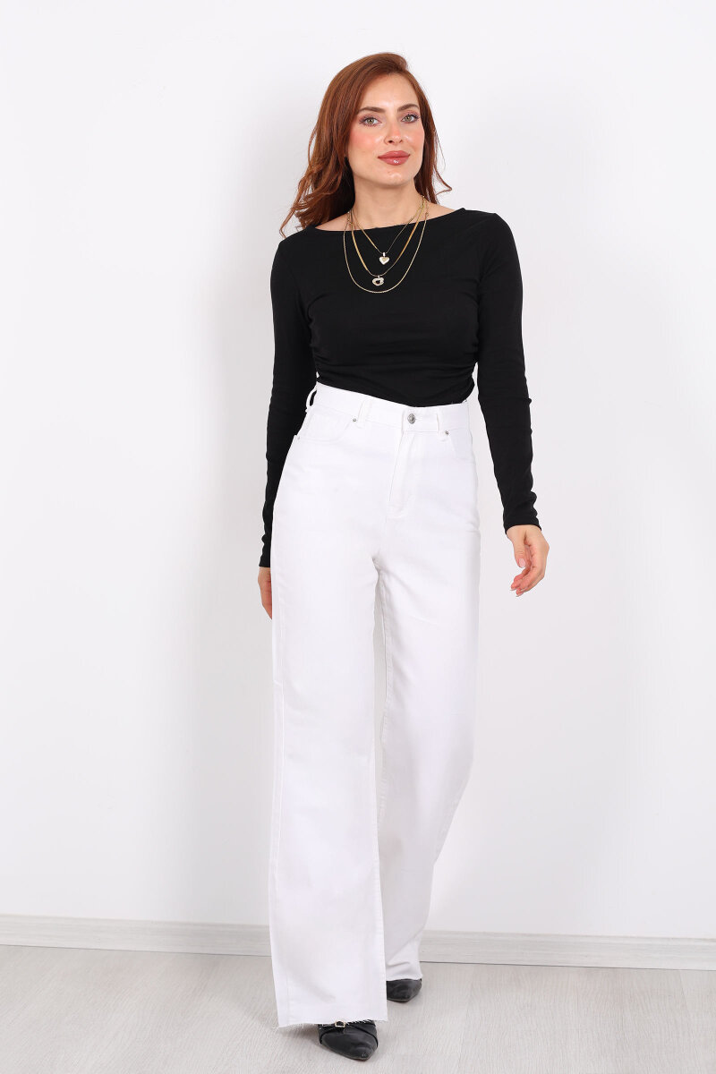 Paça Kesik Beyaz Kadın Palazzo Pantolon - 4