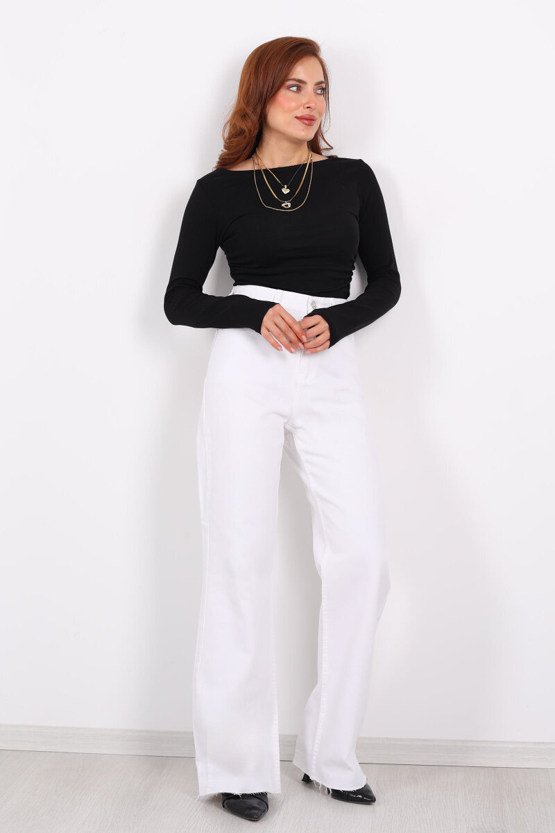 Paça Kesik Beyaz Kadın Palazzo Pantolon - 1