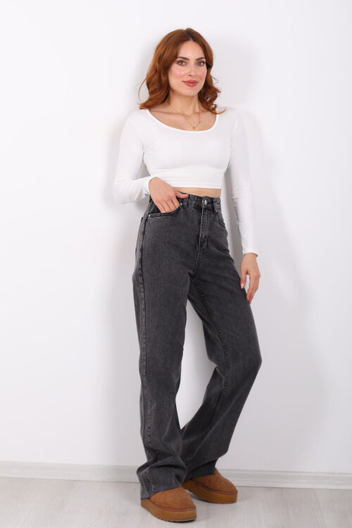 Paça Kesik Füme Kar Yıkamalı Kadın Palazzo Pantolon 