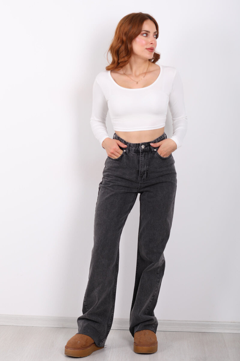 Paça Kesik Füme Kar Yıkamalı Kadın Palazzo Pantolon - 3