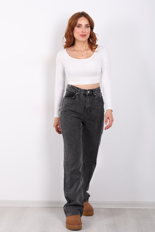 Paça Kesik Füme Kar Yıkamalı Kadın Palazzo Pantolon - 4