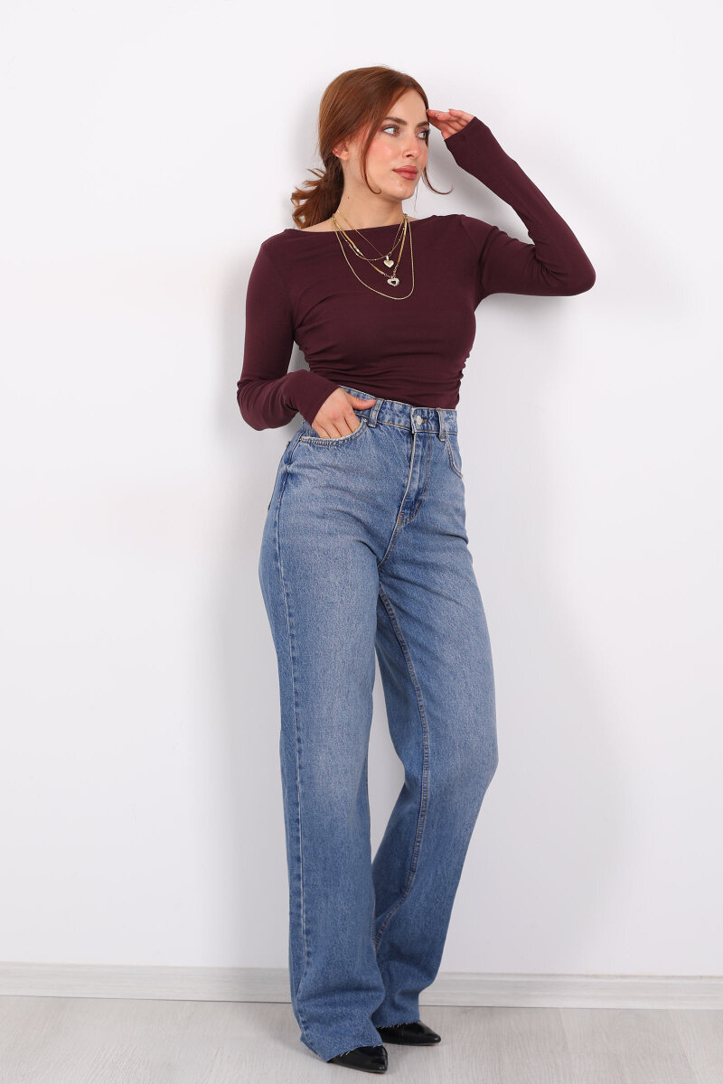 Paça Kesik Kar Yıkama Mavi Kadın Palazzo Pantolon - 1