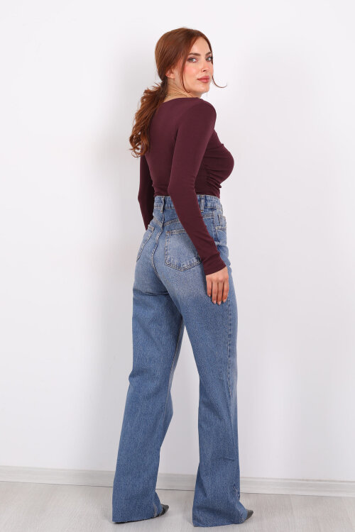 Paça Kesik Kar Yıkama Mavi Kadın Palazzo Pantolon - 5