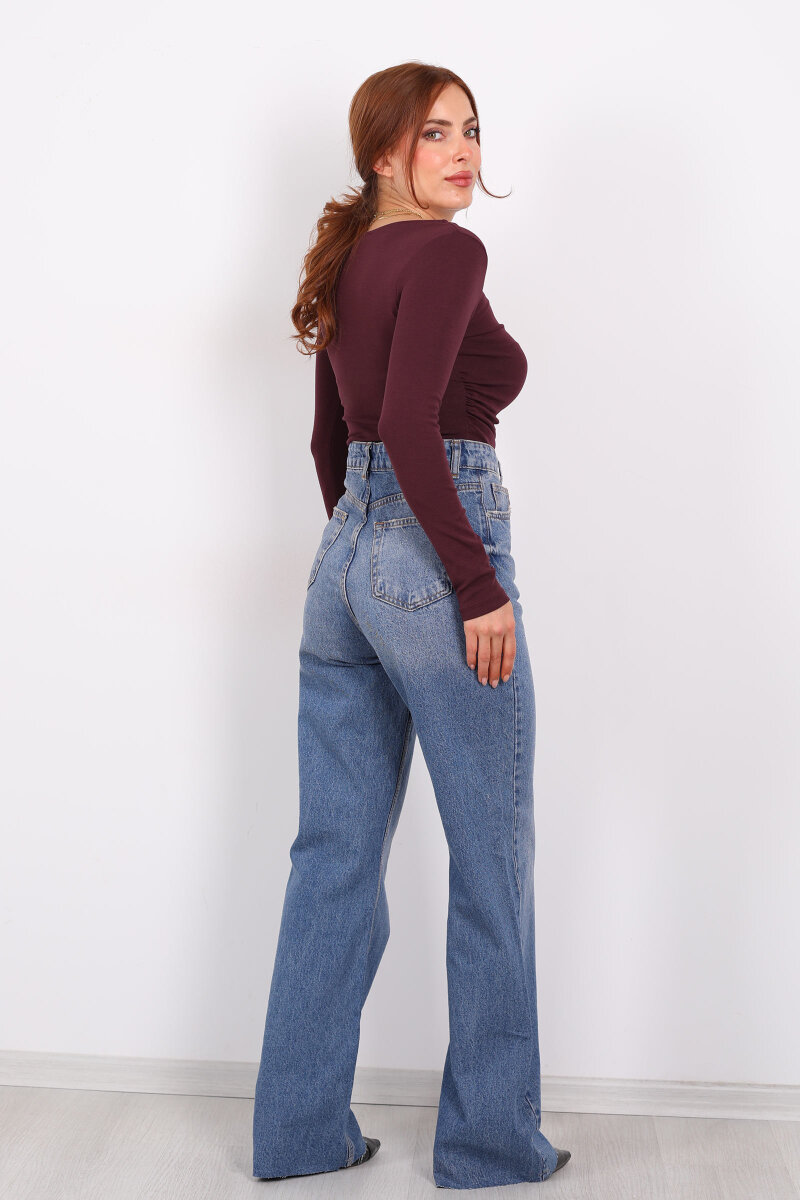 Paça Kesik Kar Yıkama Mavi Kadın Palazzo Pantolon - 5