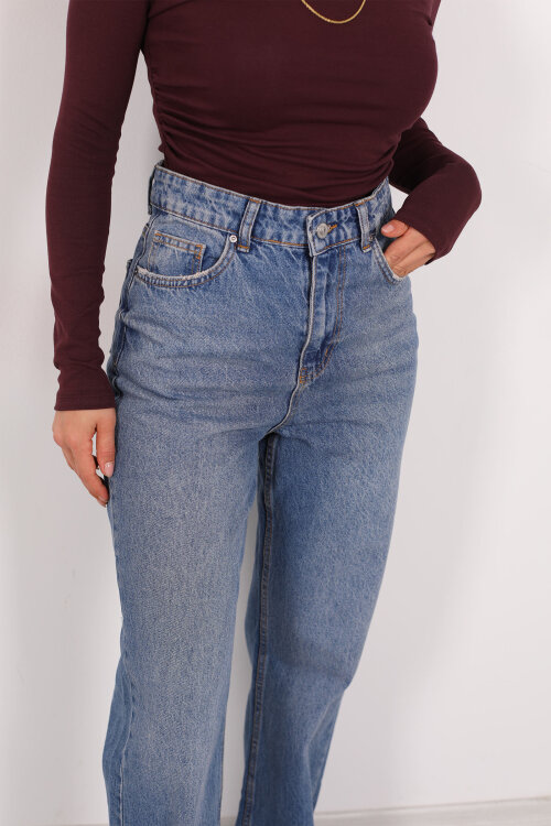 Paça Kesik Kar Yıkama Mavi Kadın Palazzo Pantolon - Berox (1)