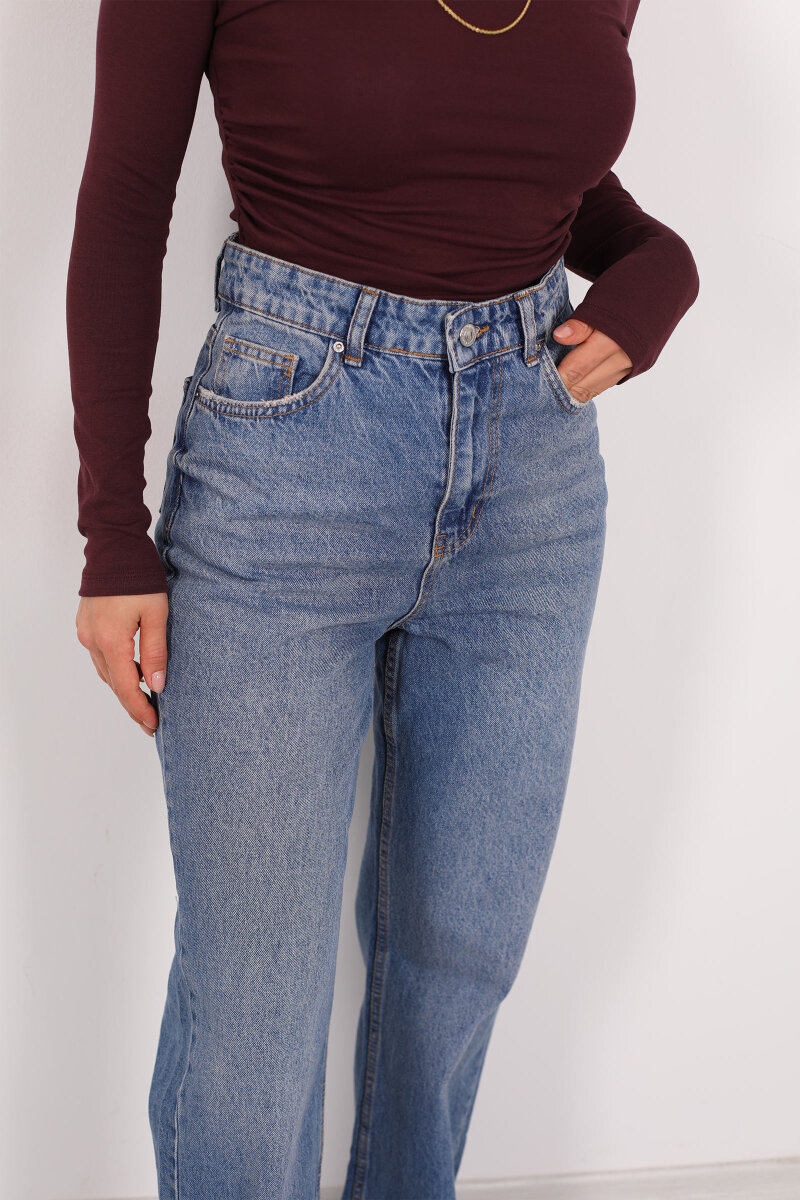 Paça Kesik Kar Yıkama Mavi Kadın Palazzo Pantolon - 2