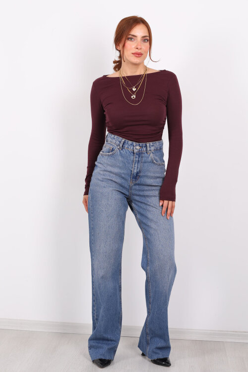 Paça Kesik Kar Yıkama Mavi Kadın Palazzo Pantolon - 6