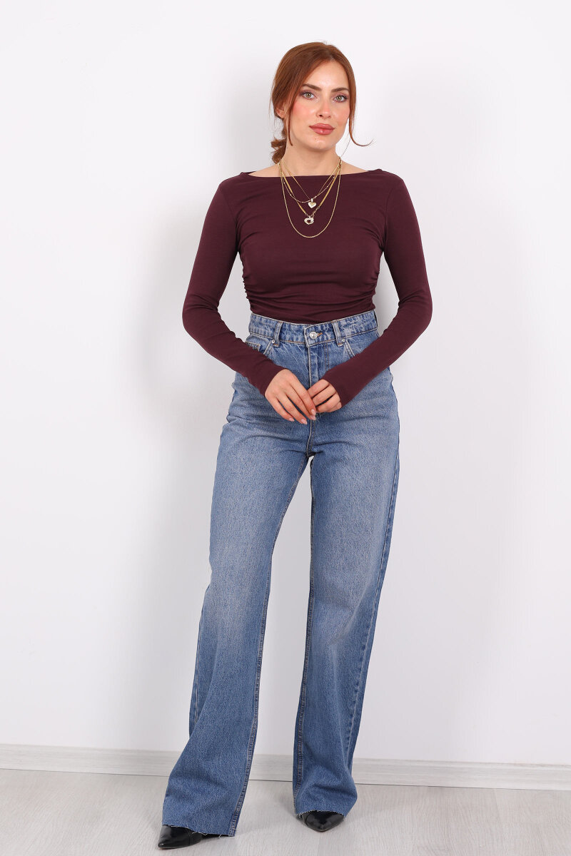 Paça Kesik Kar Yıkama Mavi Kadın Palazzo Pantolon - 3