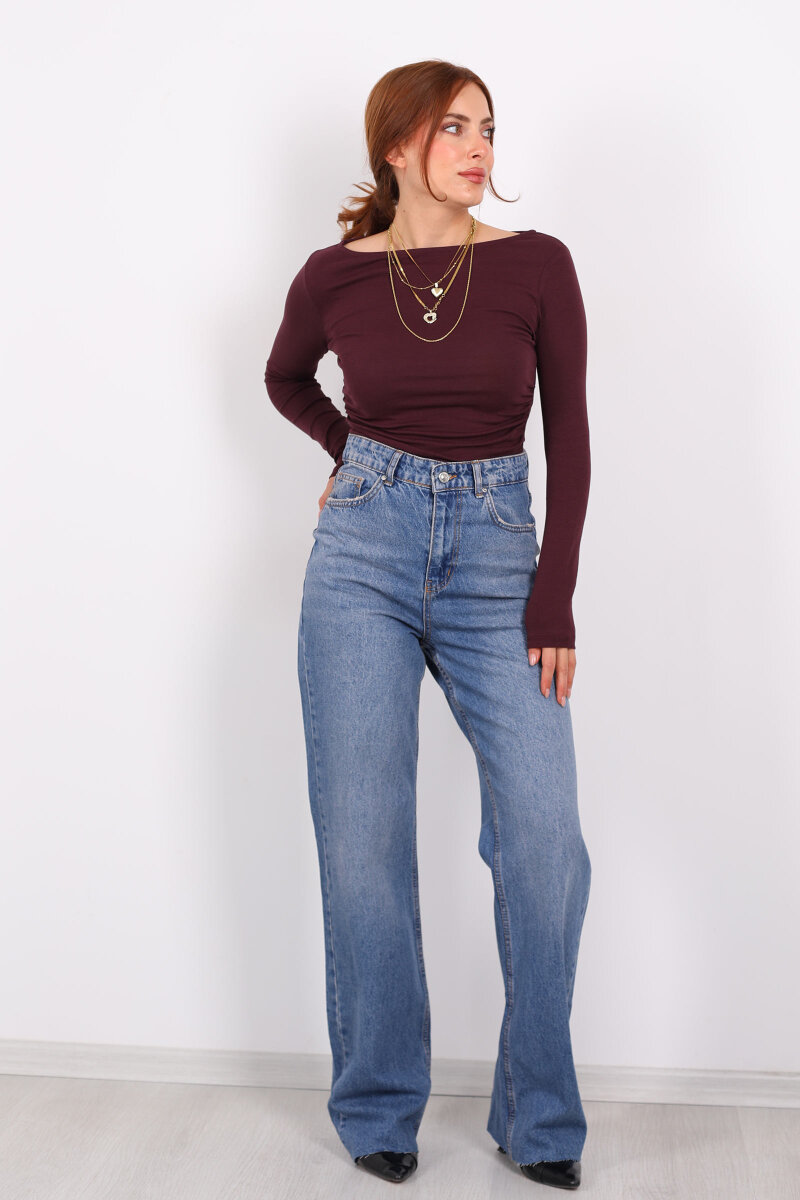 Paça Kesik Kar Yıkama Mavi Kadın Palazzo Pantolon - 4