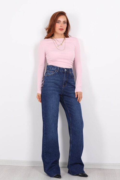 Paça Kesik Koyu Mavi Yıkama Kadın Palazzo Pantolon - 6