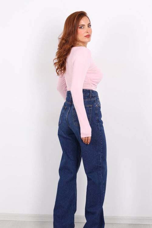 Paça Kesik Koyu Mavi Yıkama Kadın Palazzo Pantolon - 5