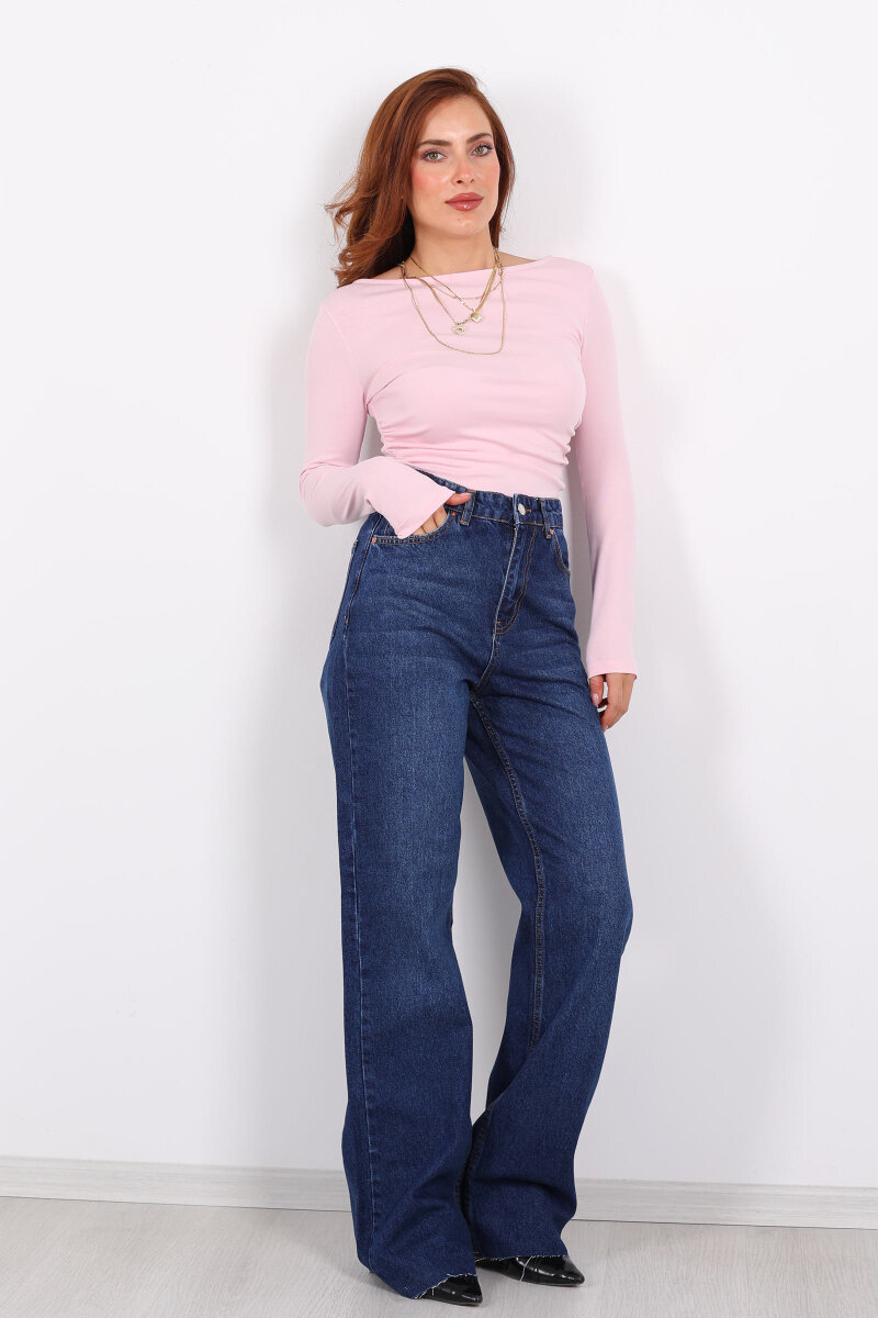 Paça Kesik Koyu Mavi Yıkama Kadın Palazzo Pantolon - 3