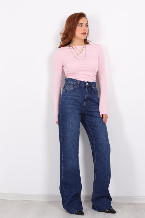 Paça Kesik Koyu Mavi Yıkama Kadın Palazzo Pantolon - 4