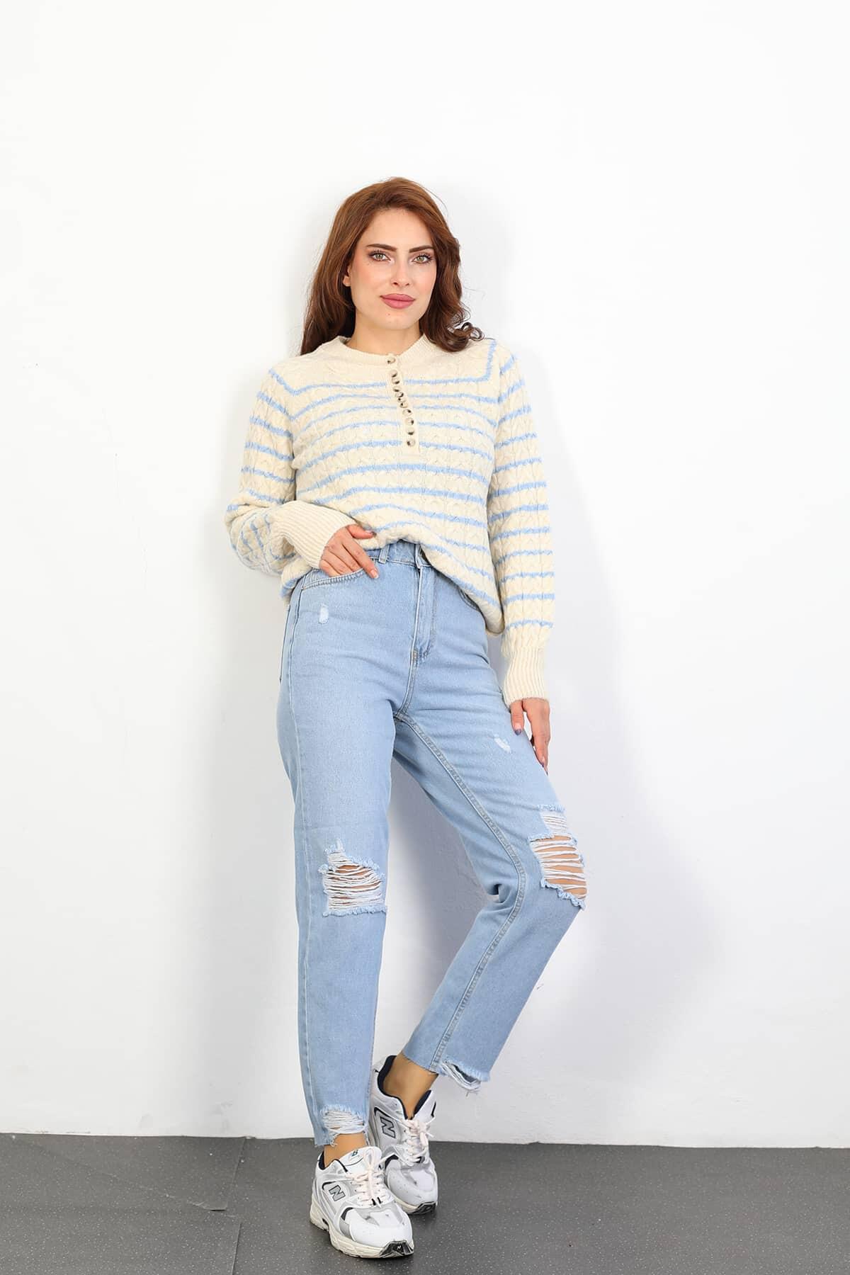 Paça Kesik Lazer Kesim Yırtık Açık Mavi Mom Jean