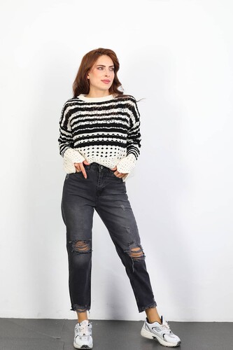 Paça Kesik Lazer Kesim Yırtık Füme Mom Jean - 1