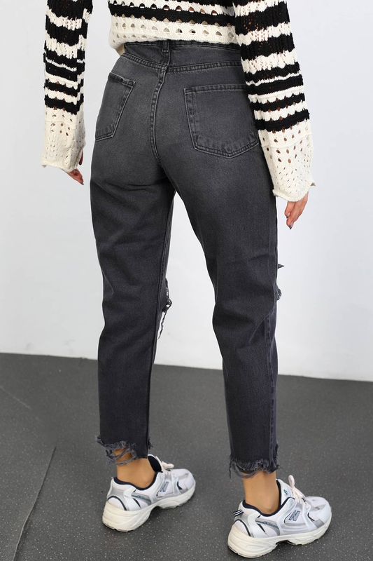 Paça Kesik Lazer Kesim Yırtık Füme Mom Jean - 5