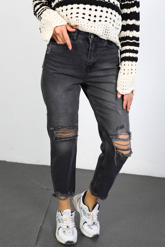 Paça Kesik Lazer Kesim Yırtık Füme Mom Jean - 3