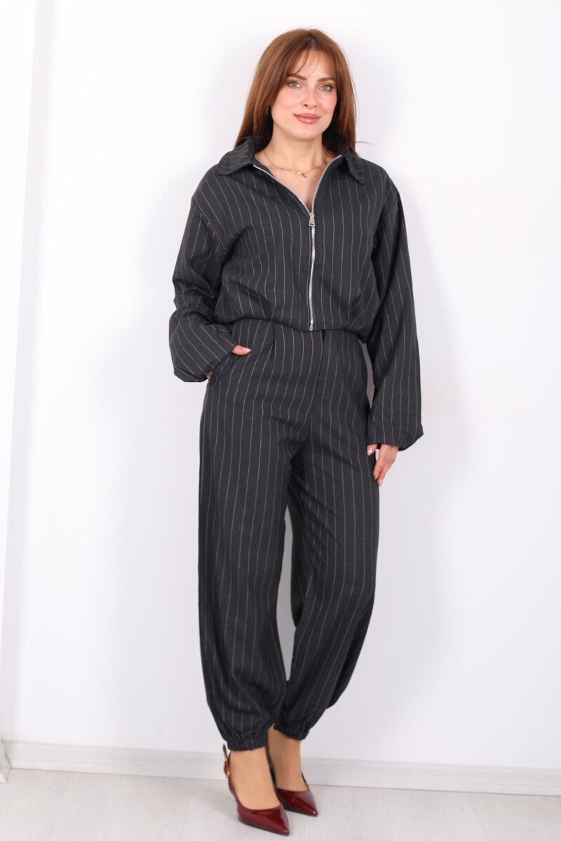 Paça Lastikli Çizgili Kadın Antrasit Şalvar Pantolon - 6