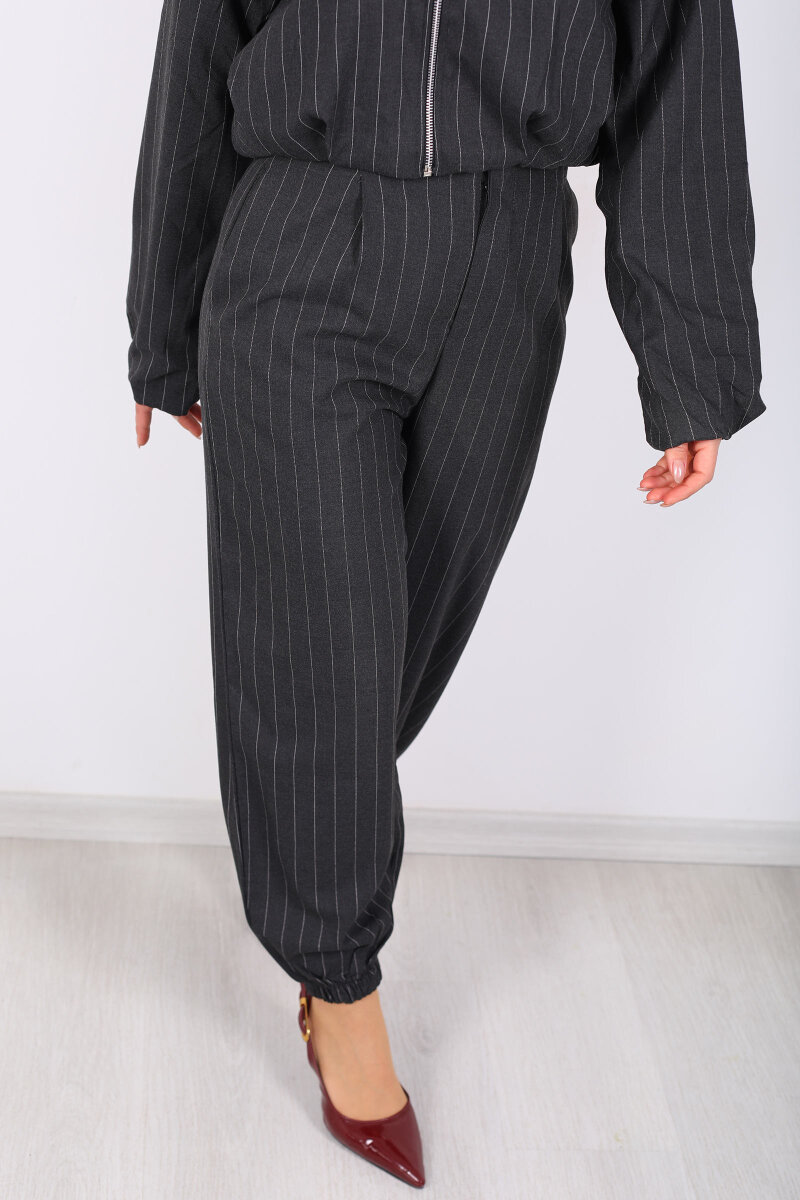 Paça Lastikli Çizgili Kadın Antrasit Şalvar Pantolon - 2
