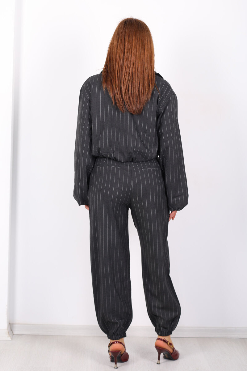 Paça Lastikli Çizgili Kadın Antrasit Şalvar Pantolon - 5