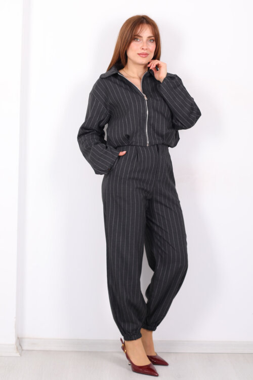 Paça Lastikli Çizgili Kadın Antrasit Şalvar Pantolon - Berox