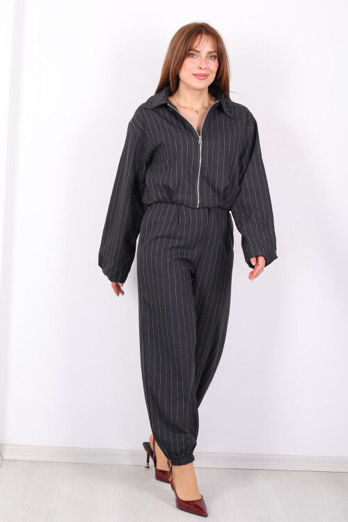 Paça Lastikli Çizgili Kadın Antrasit Şalvar Pantolon - 3