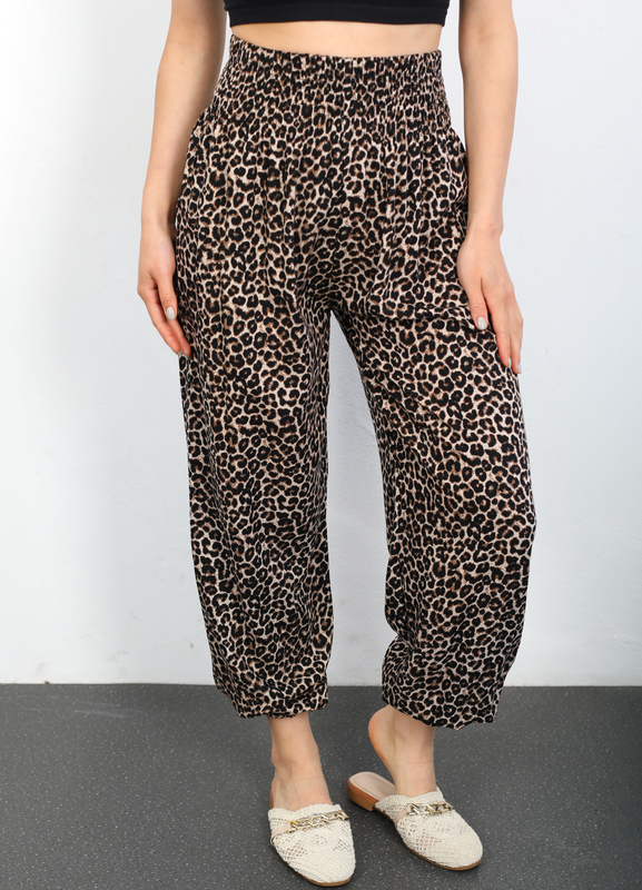 Paça Lastikli Leopar Desen Krem Kadın Şalvar Pantolon - 2