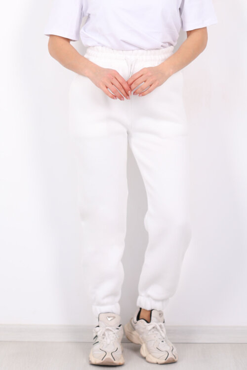 Paça Lastikli Üç İp Jogger Kadın Beyaz Eşofman Altı - Berox (1)