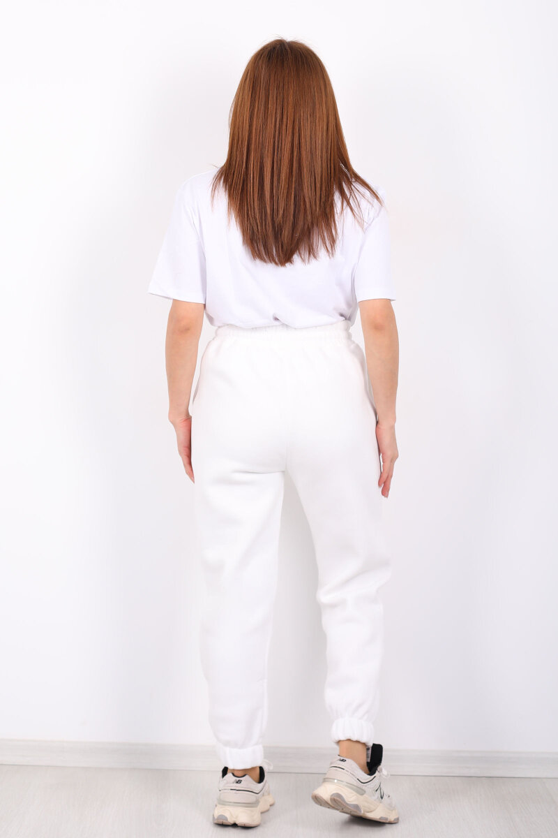 Paça Lastikli Üç İp Jogger Kadın Beyaz Eşofman Altı - 5