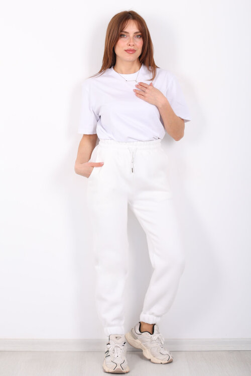 Paça Lastikli Üç İp Jogger Kadın Beyaz Eşofman Altı - 4