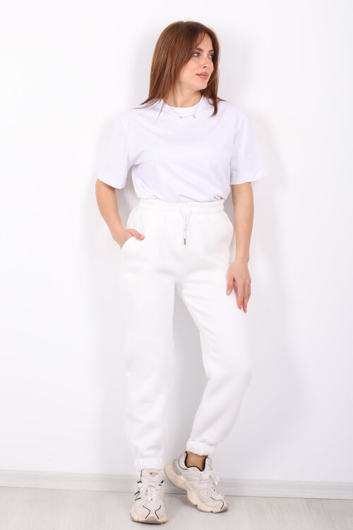 Paça Lastikli Üç İp Jogger Kadın Beyaz Eşofman Altı - 6