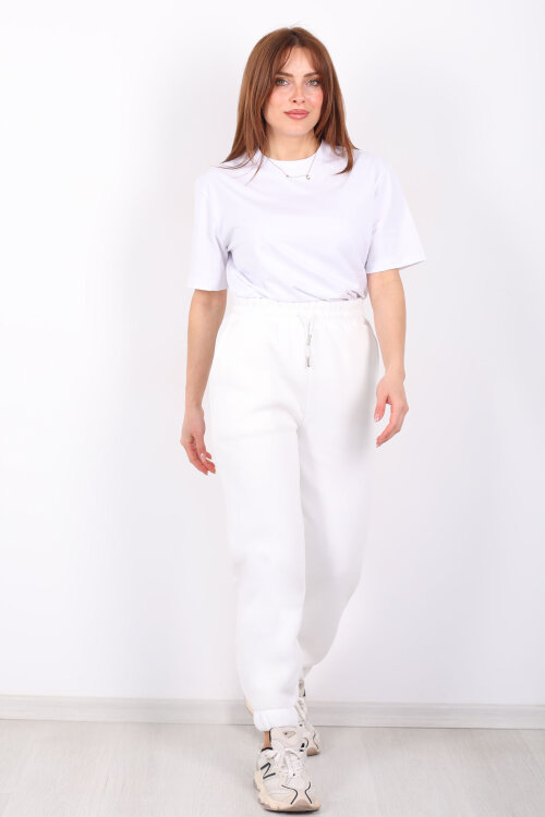 Paça Lastikli Üç İp Jogger Kadın Beyaz Eşofman Altı - 3