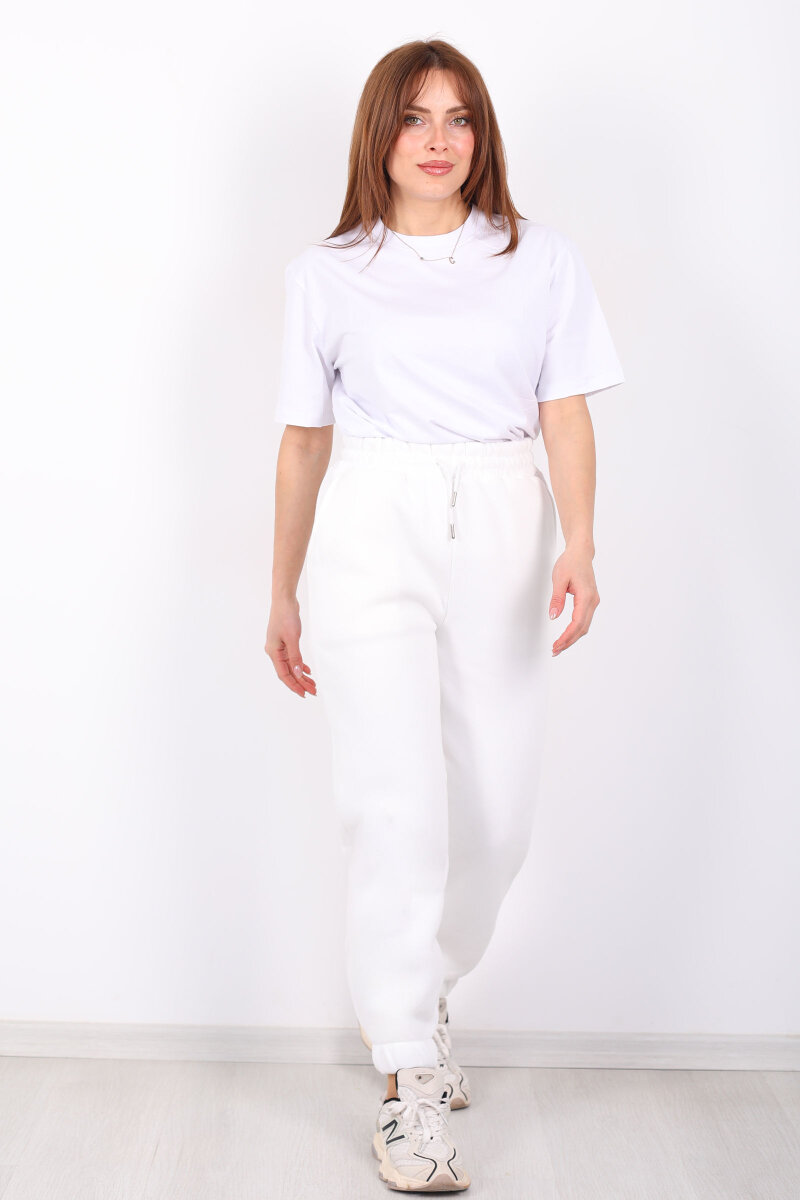 Paça Lastikli Üç İp Jogger Kadın Beyaz Eşofman Altı - 3
