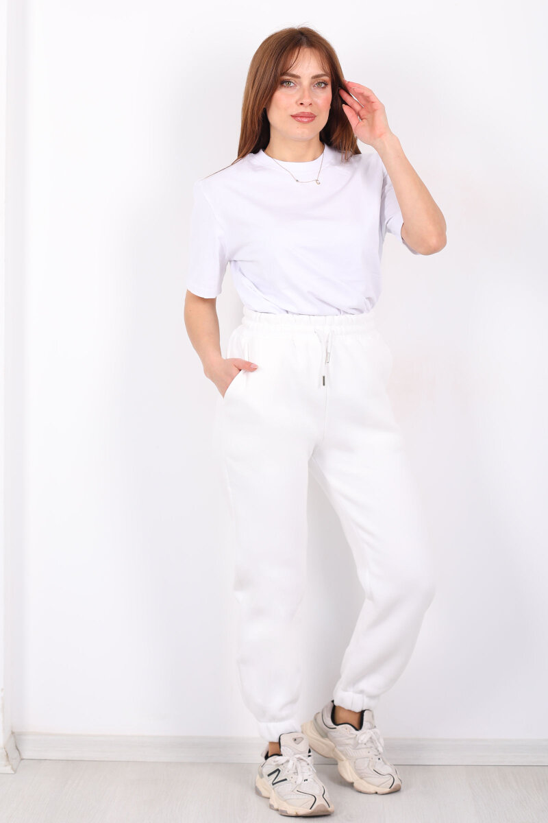 Paça Lastikli Üç İp Jogger Kadın Beyaz Eşofman Altı - 1