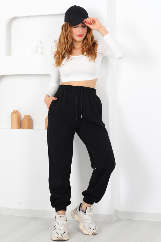 Paça Lastikli Üç İplik Siyah Kadın Eşofman Altı - 2